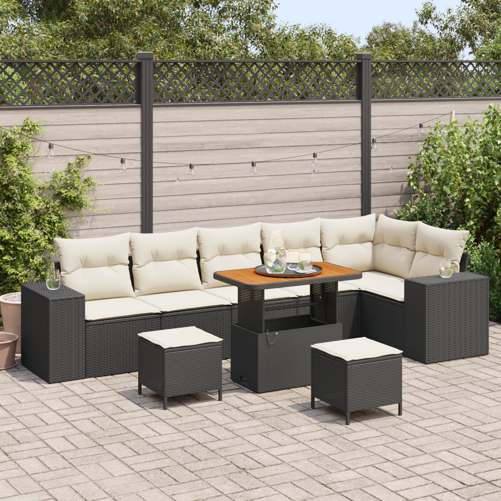 Sodo Sofų Rinkinys 9 pcs Juoda ir kreminė 90 x 55 x 71 cm
