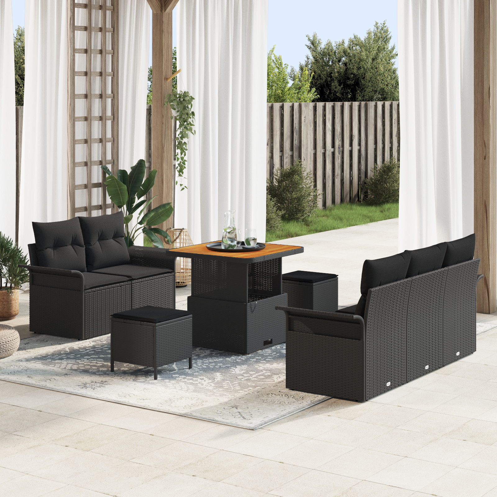 Sodo Sofų Rinkinys su pagalve su saugykla 8 pcs Juoda