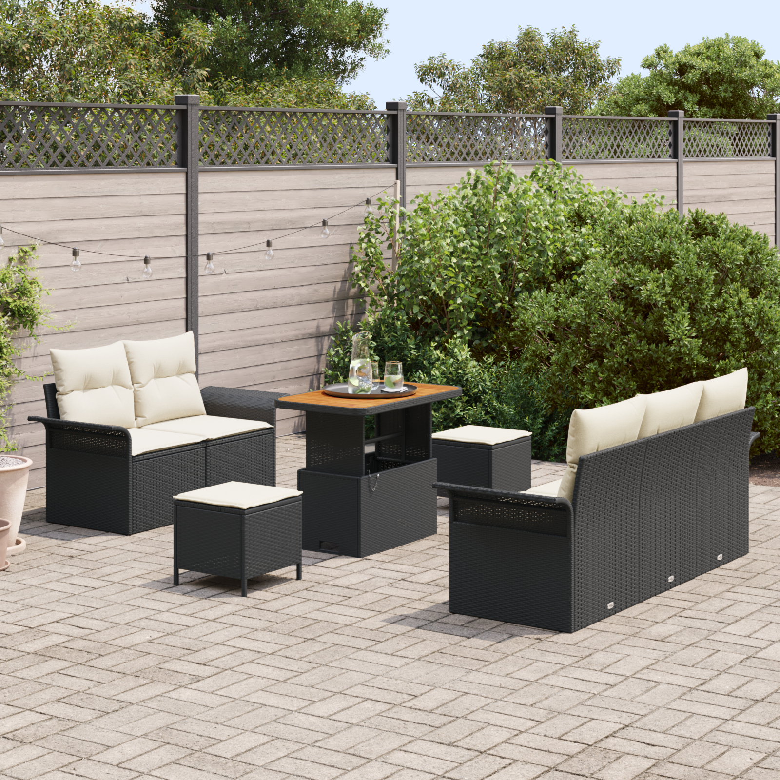 Sodo Sofų Rinkinys su pagalve su pagalve 8 pcs Juoda ir kreminė