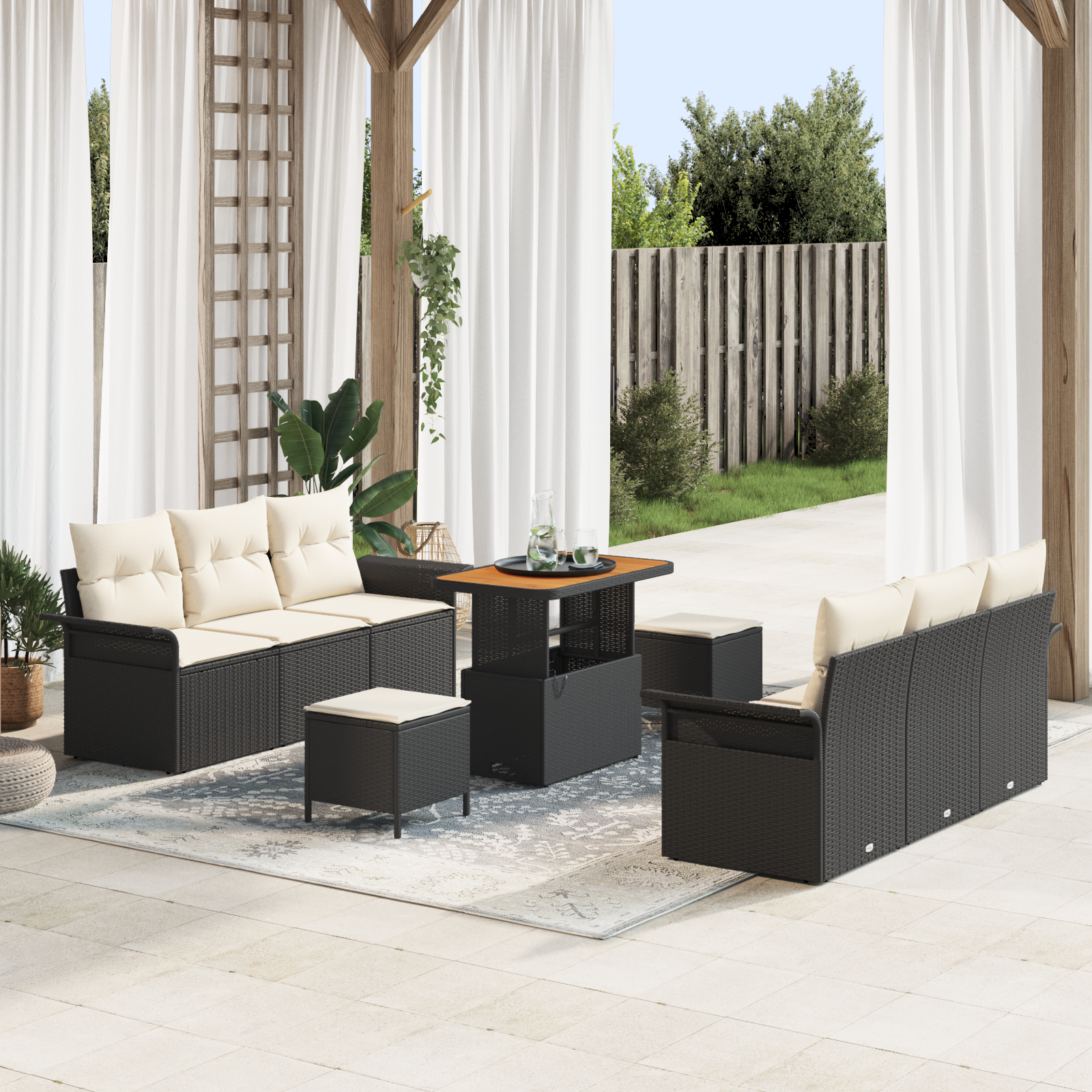 Sodo Sofų Rinkinys 9 pcs Juoda ir kreminė 90 x 55 x 71 cm