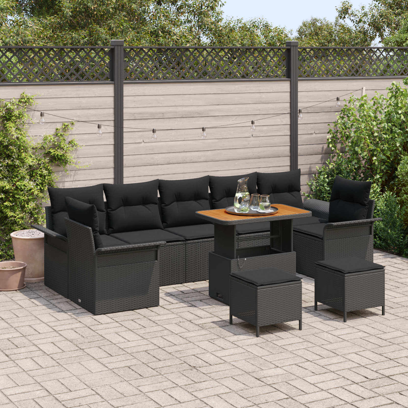 10 dalių sodo sofa komplektas su pagalvėlėmis Juodame poli rataną Acacia