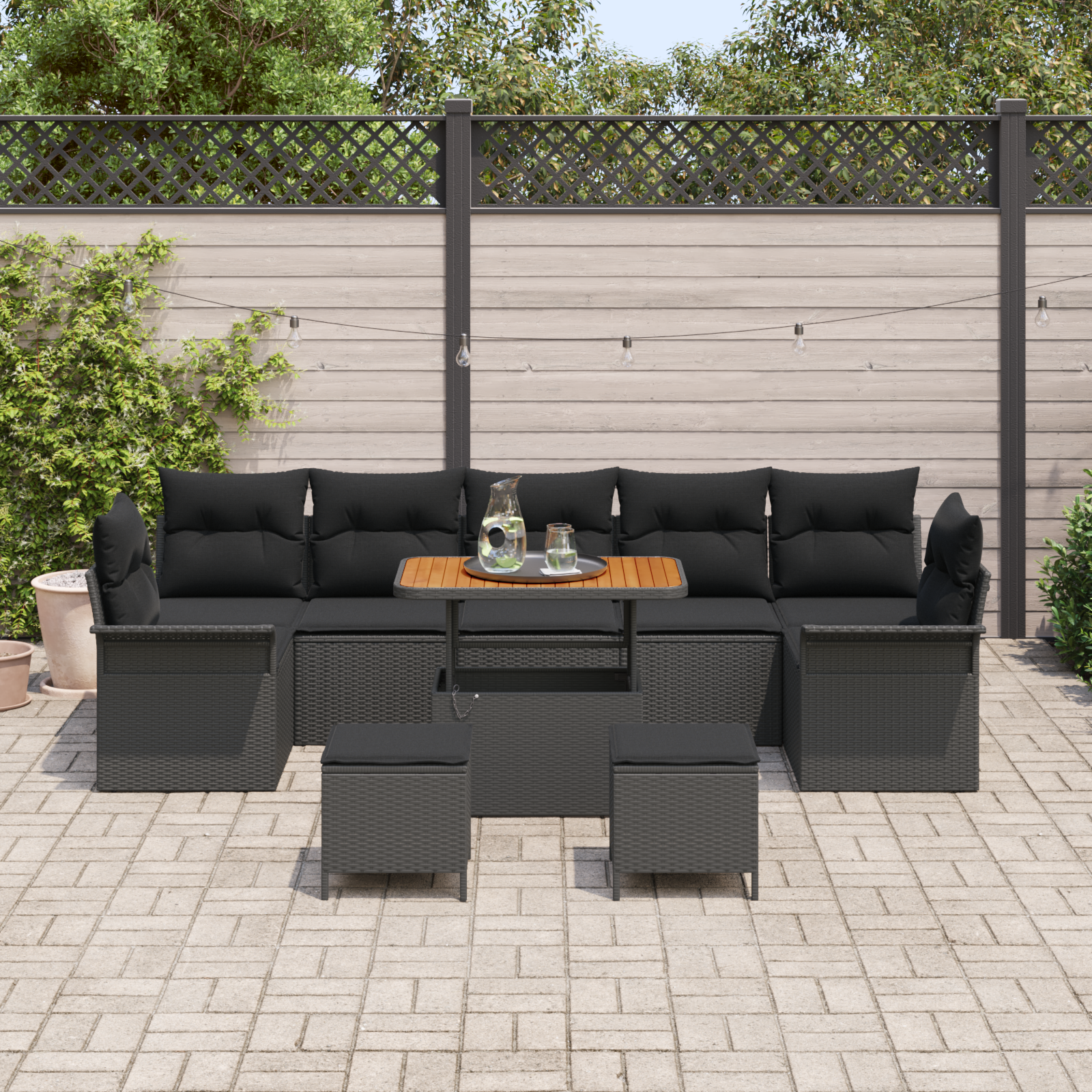 10 dalių sodo sofa komplektas su pagalvėlėmis Juodame poli rataną Acacia