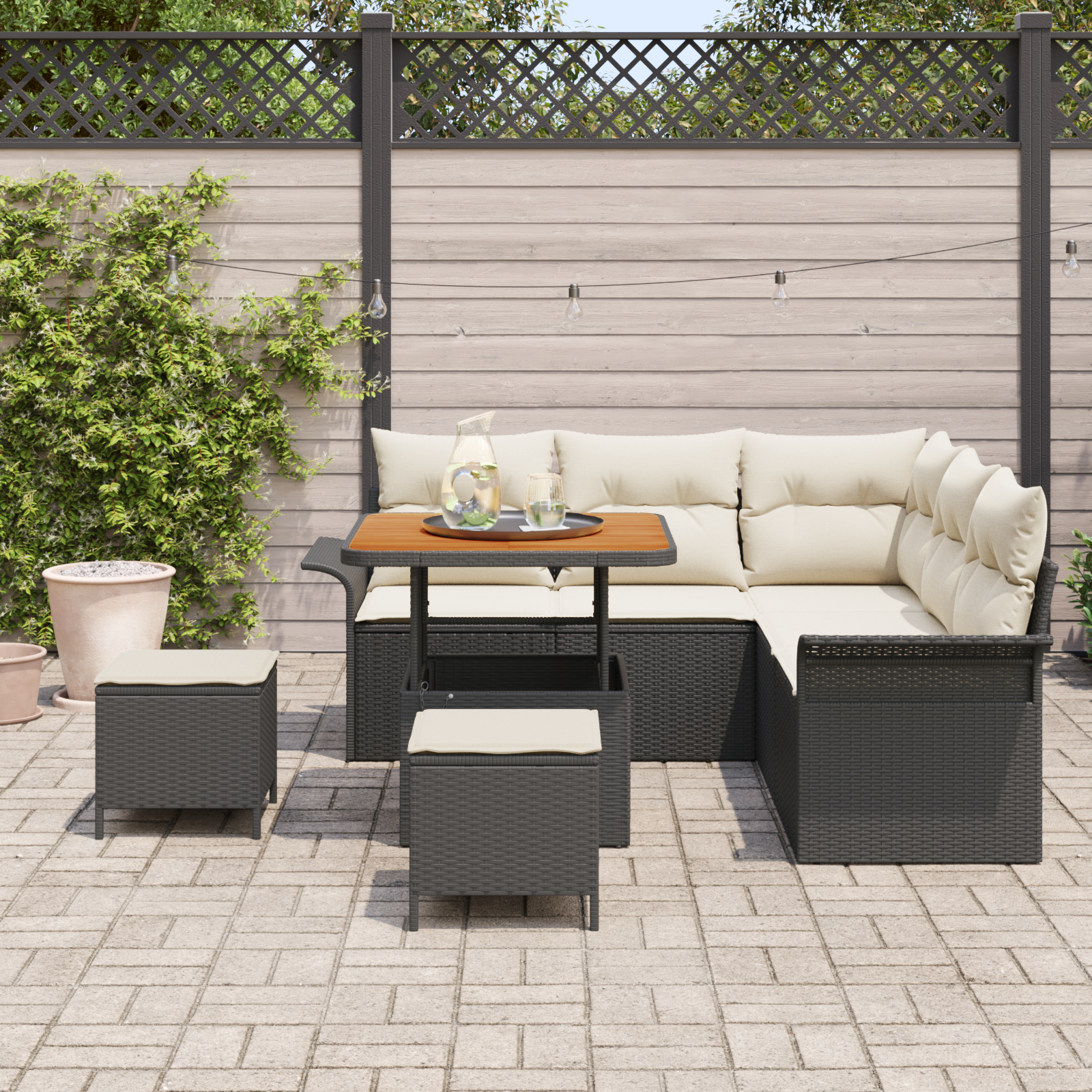Sodo Sofų Rinkinys su pagalve su pagalve 8 pcs Juoda ir kreminė