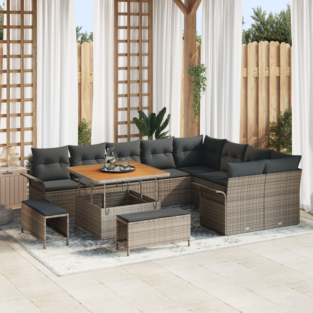 12 dalių Sodo Sofa Komplektas su Pagalvėlėmis Pilkas Sintetinis Ratanas Akacija