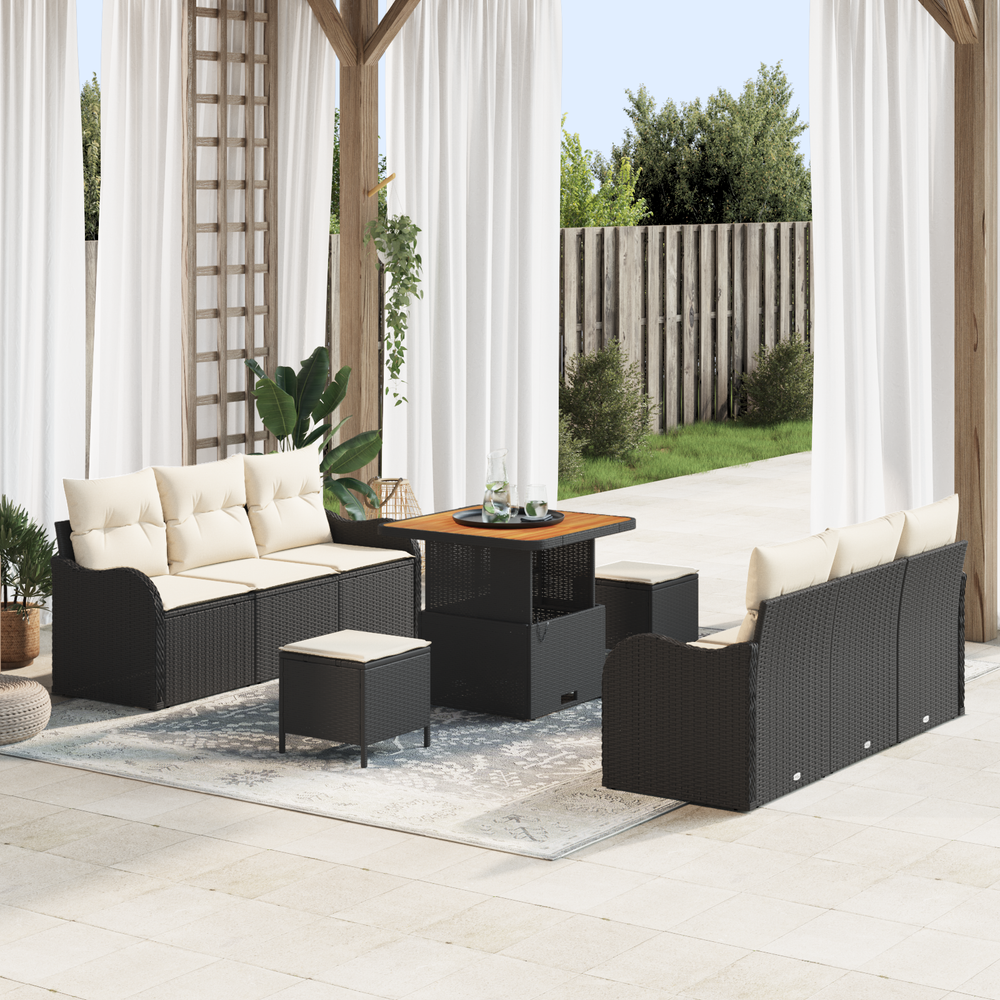9 dalių sodo sofa komplektas su pagalvėmis juoda poli ratanas akacijos