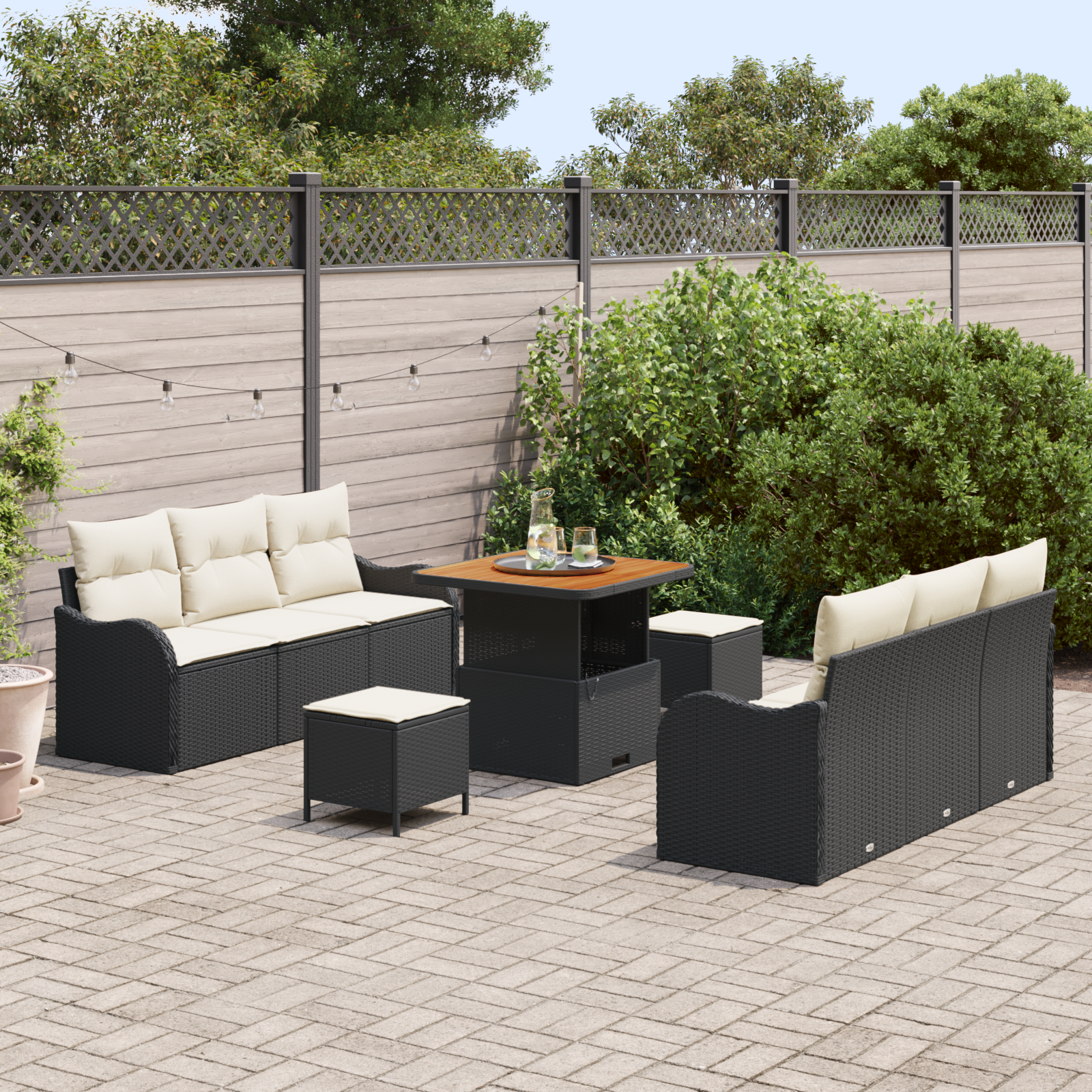 9 dalių sodo sofa komplektas su pagalvėmis juoda poli ratanas akacijos