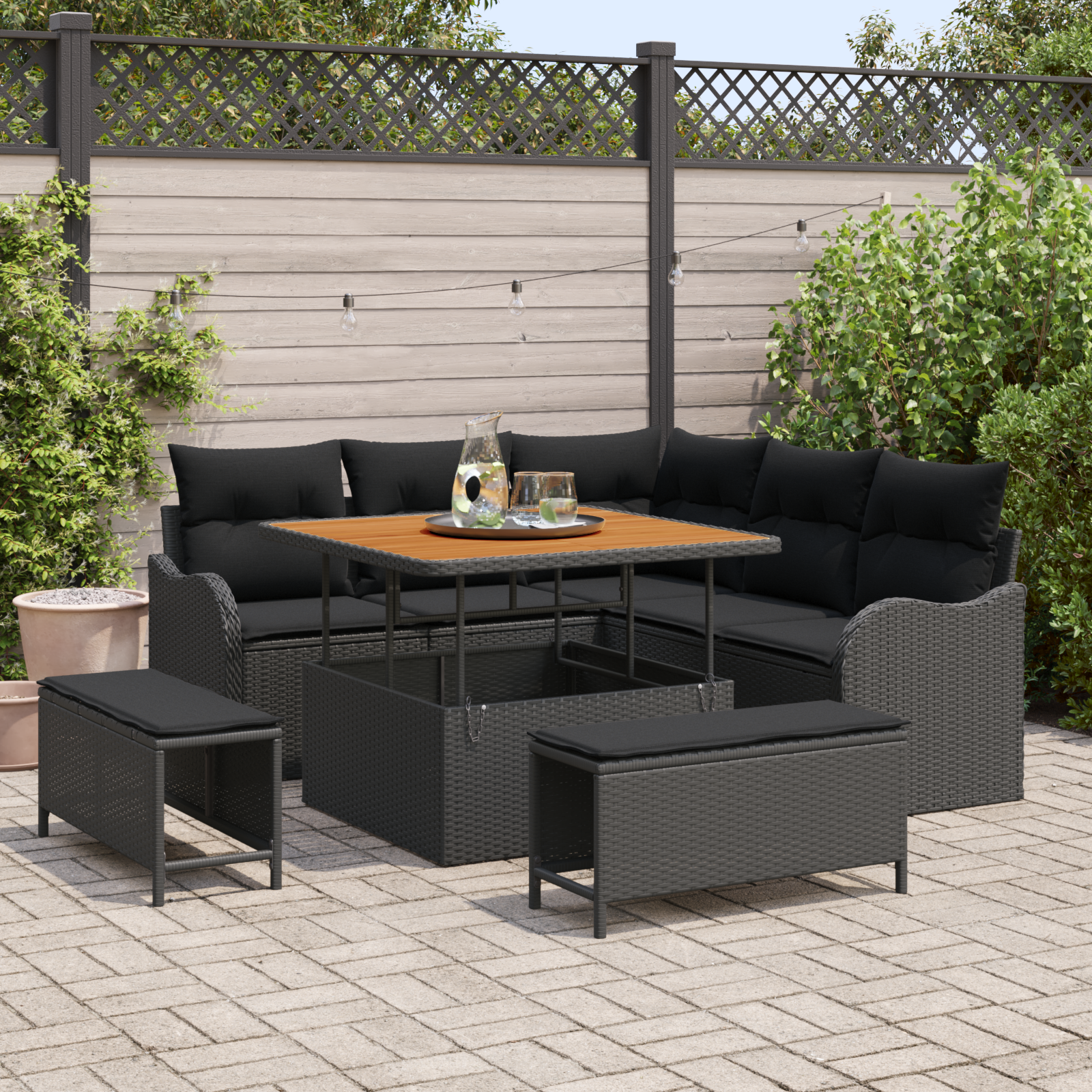 Sodo Sofų Rinkinys su pagalve su saugykla 8 pcs Juoda