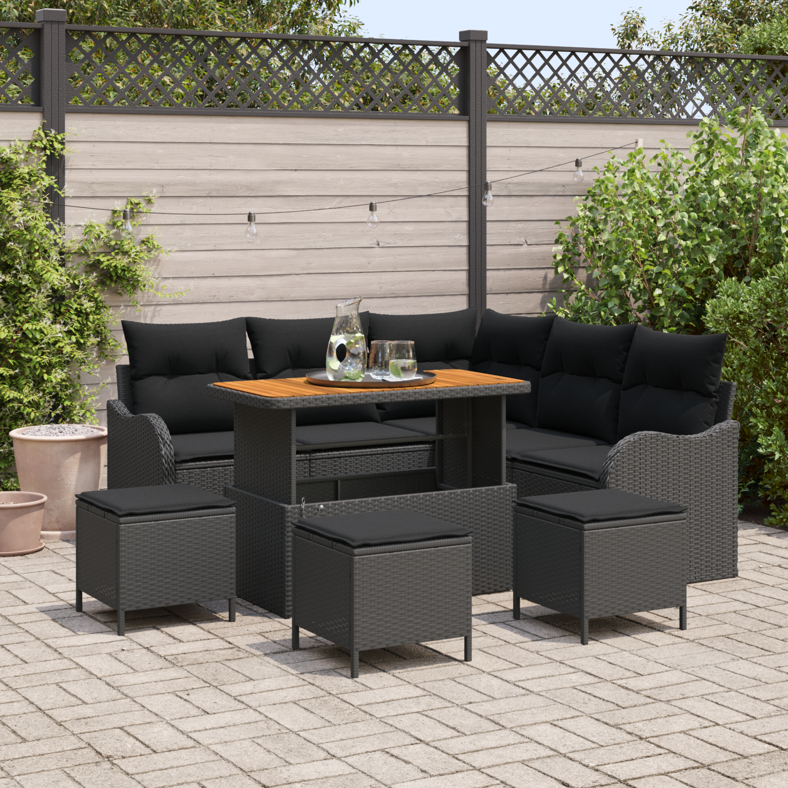Sodo Sofų Rinkinys su pagalve su saugykla 9 pcs Juoda