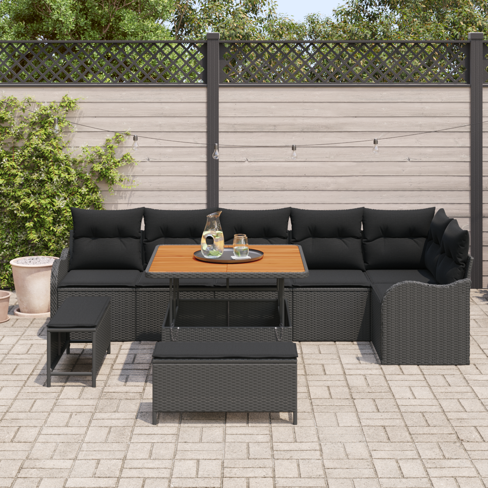 Sodo Sofų Rinkinys su pagalve su saugykla 9 pcs Juoda