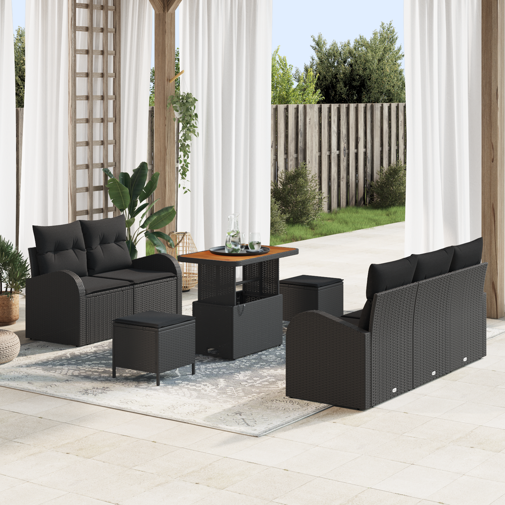 8 Gabaliukų Sodo Sofa Komplektas su Pagalvėlėmis Juodas Poli Ratanas Akacijų