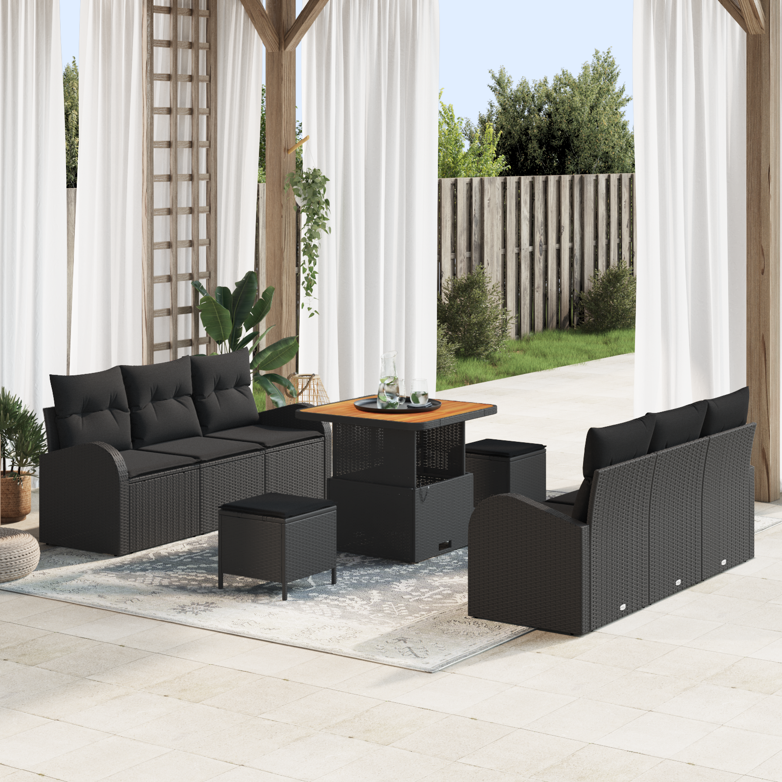 9 Dalių Sodo Sofa Rinkinys Su Pagalvėmis Juodas Poli Ratanas Akacija