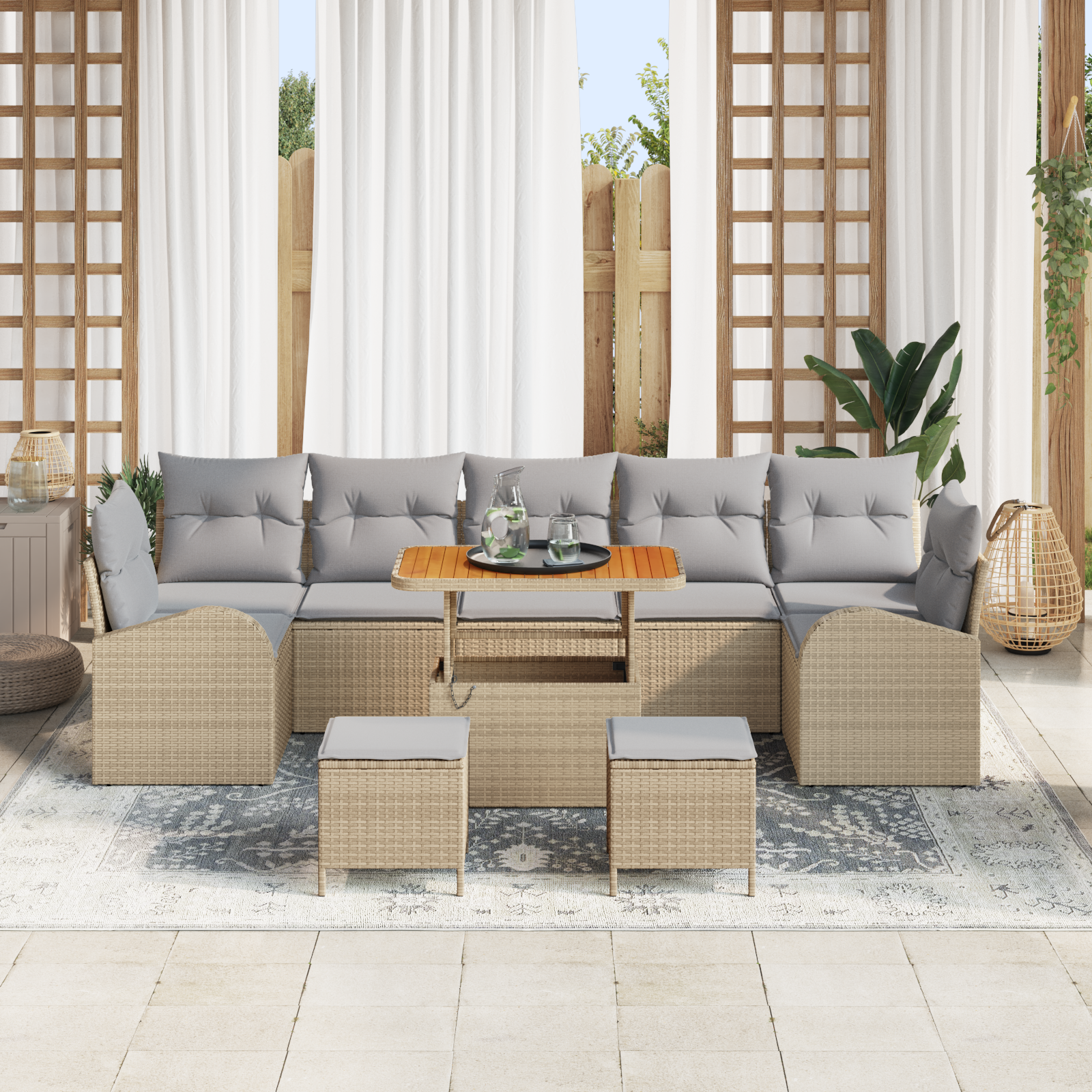10 dalių sodo sofa komplektas su pagalvėmis, smėlio, poliratanas, akacija