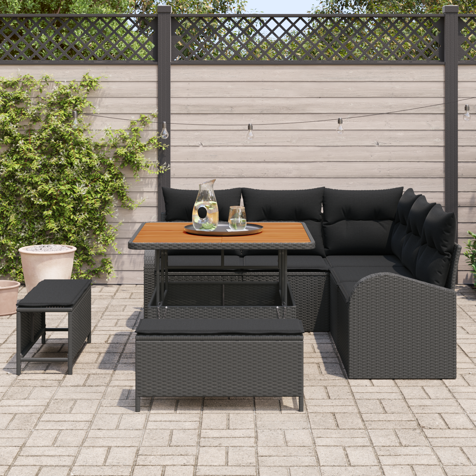 Sodo Sofų Rinkinys su pagalve su saugykla 8 pcs Juoda