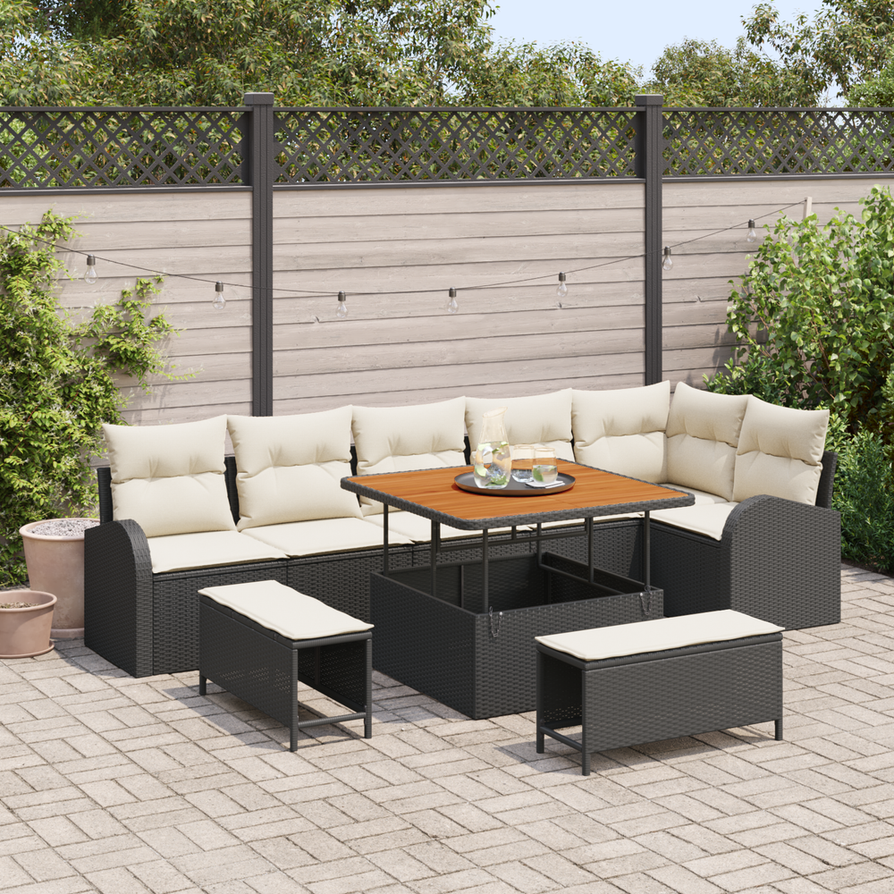9 dalių sodo sofa rinkinys su pagalvėlėmis Juoda Poli ratanas Akacijos