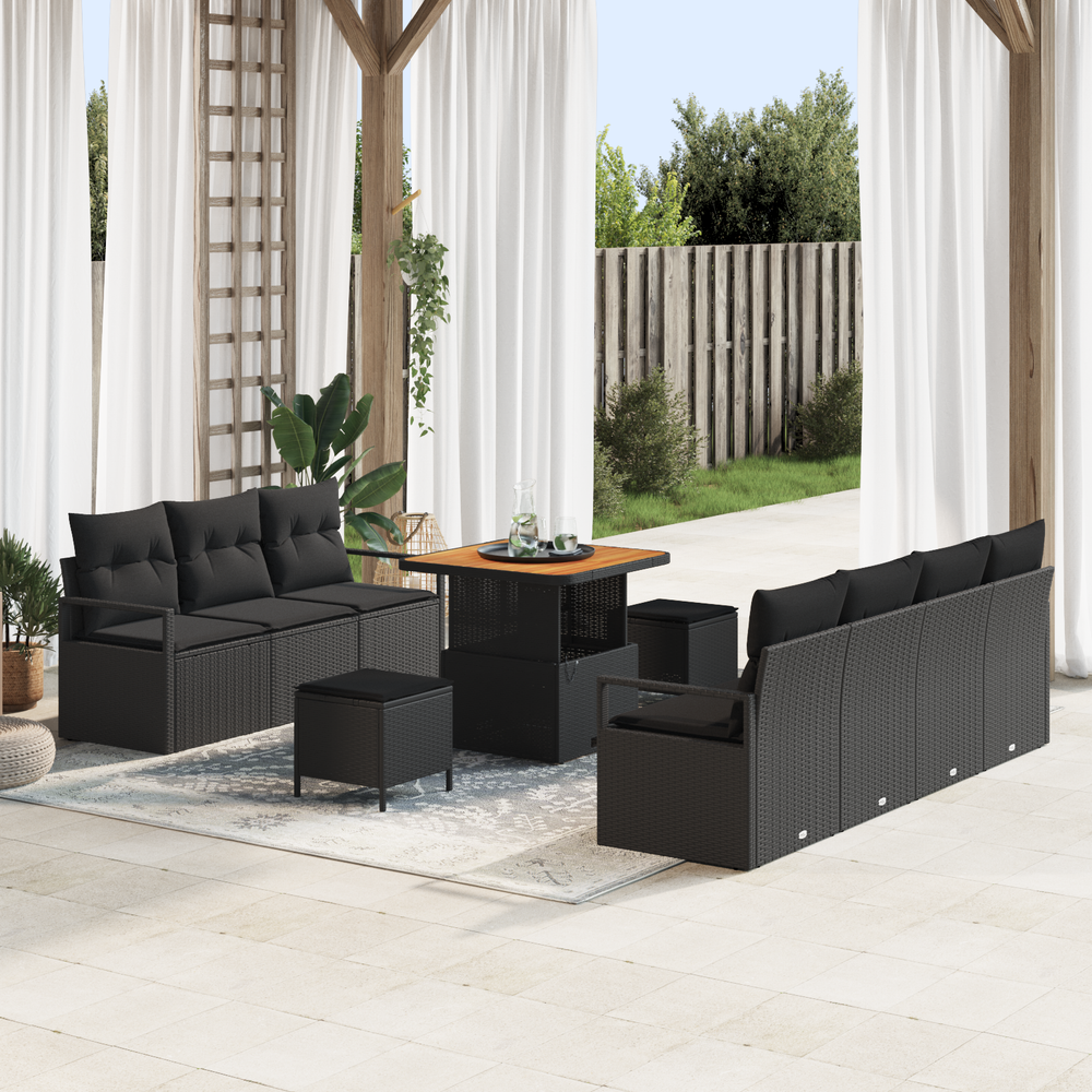 10 Dalių Sodo Sofa Komplektas su Pagalvėlėmis Juodas Poli Ratanas Akacijos