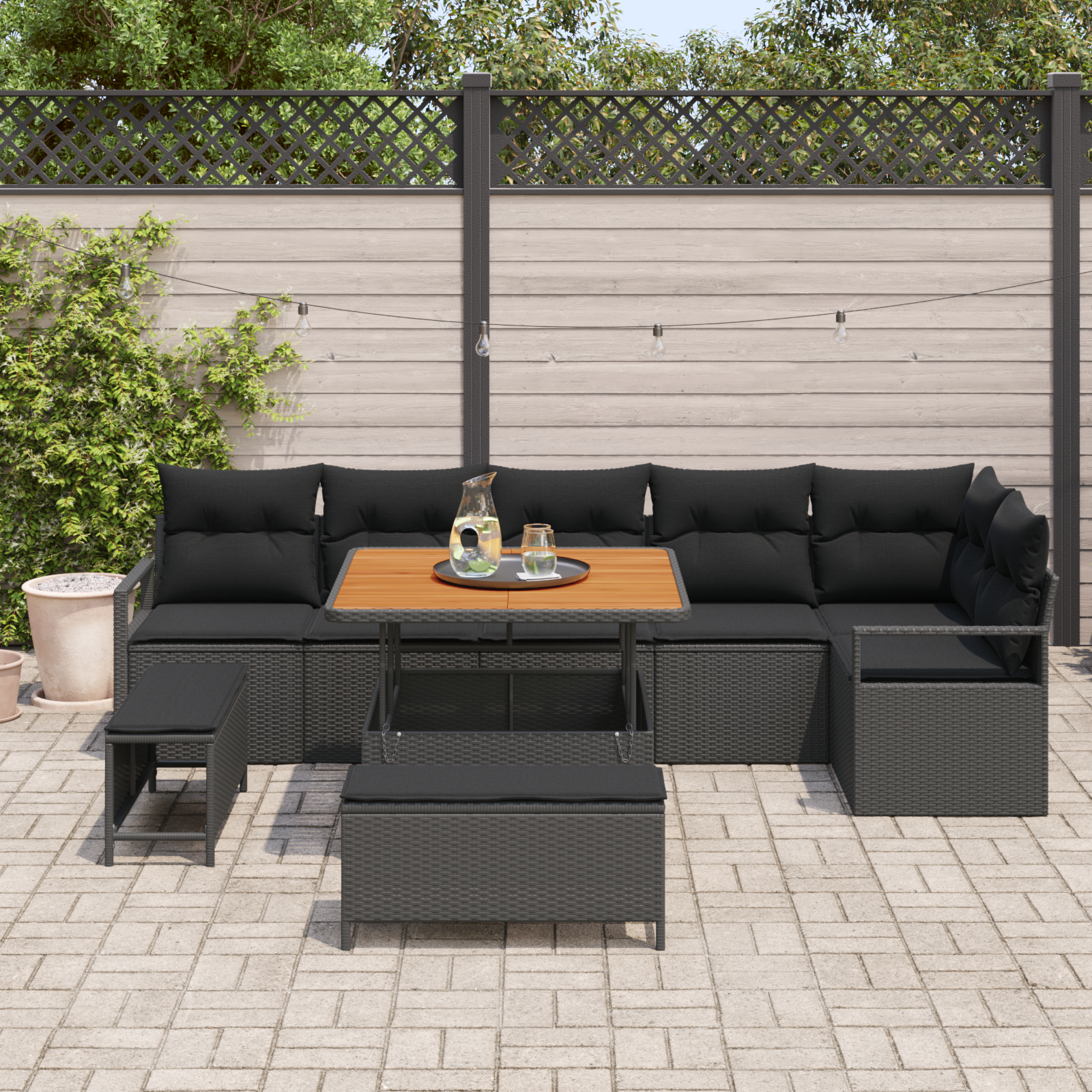 Sodo Sofų Rinkinys su pagalve su saugykla 9 pcs Juoda