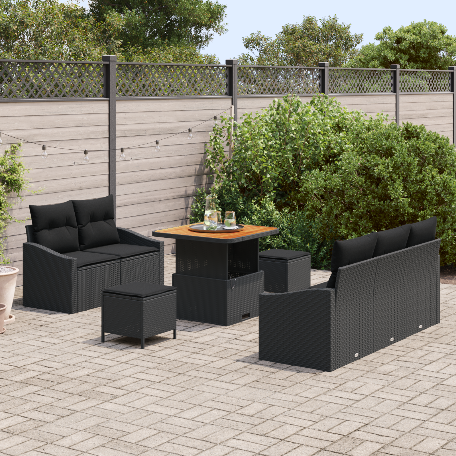 8 dalių Sodo Sofa Komplektas su Pagalvėmis Juoda Poli Ratanas Akacijos mediena