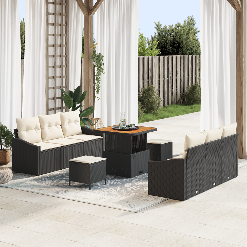 9 dalių sodo sofa rinkinys su pagalvėmis juodas poli ratanas akacijos