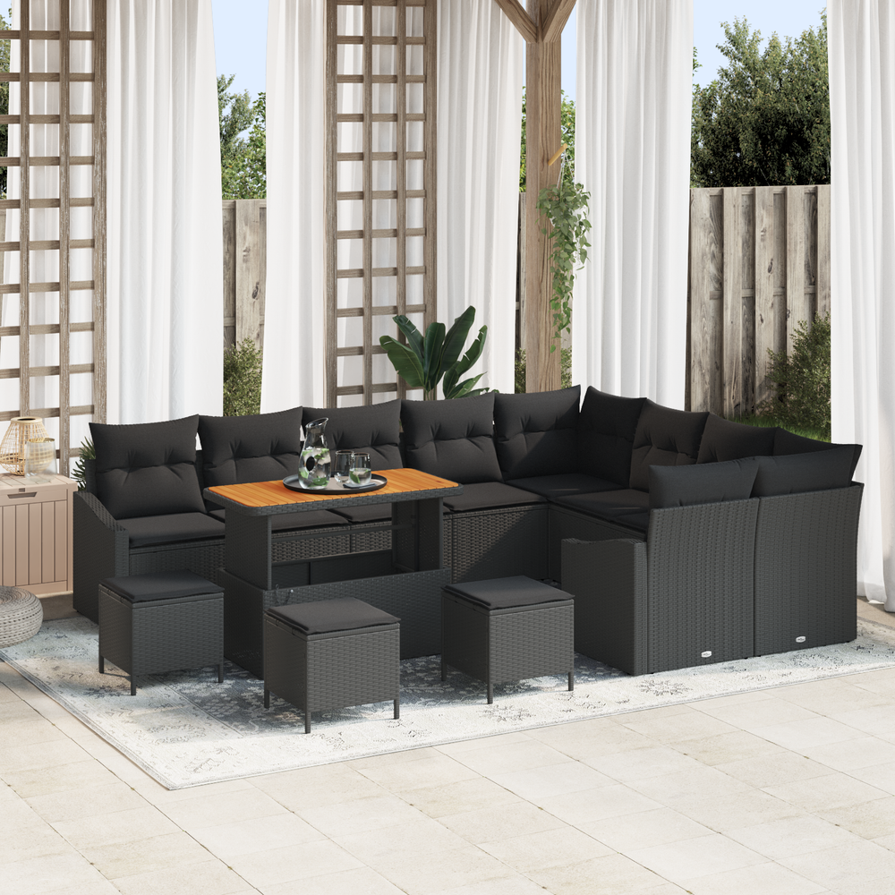 13-piece Garden Sofa Set with Cushions Black Poly Rattan Acacia