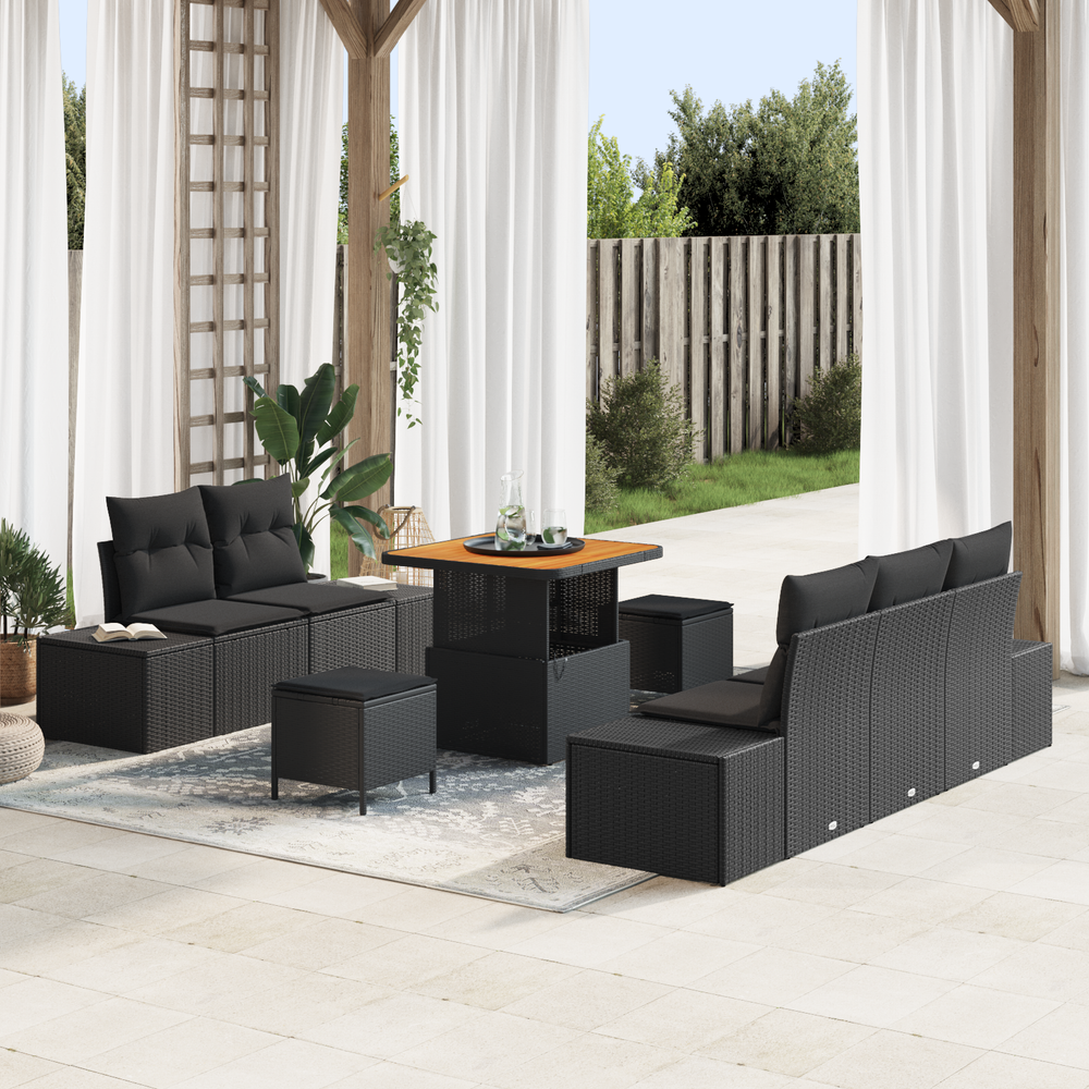 8 dalių sodo sofa komplektas su pagalvėmis Juodas poli ratanas akacija