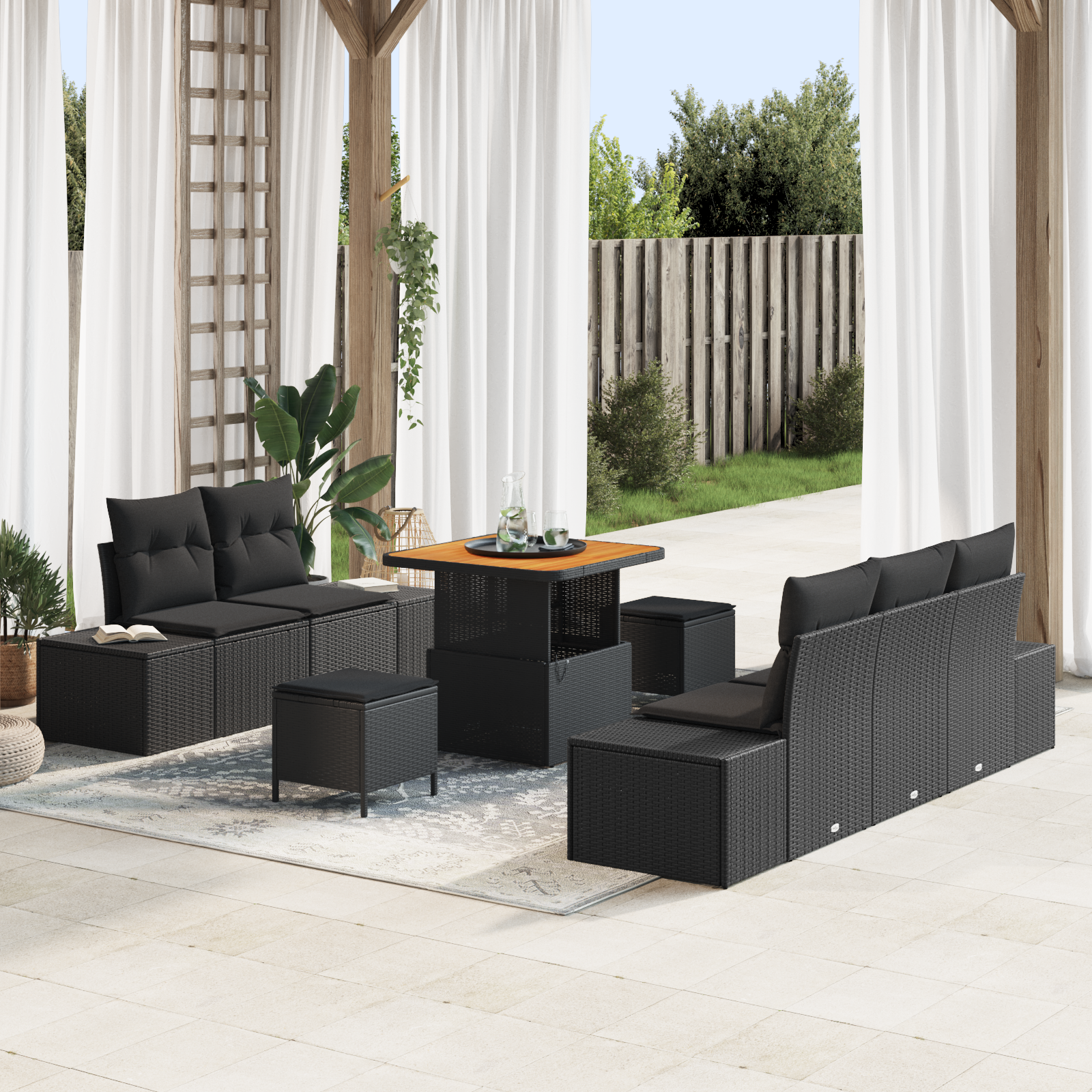 8 dalių sodo sofa komplektas su pagalvėmis Juodas poli ratanas akacija