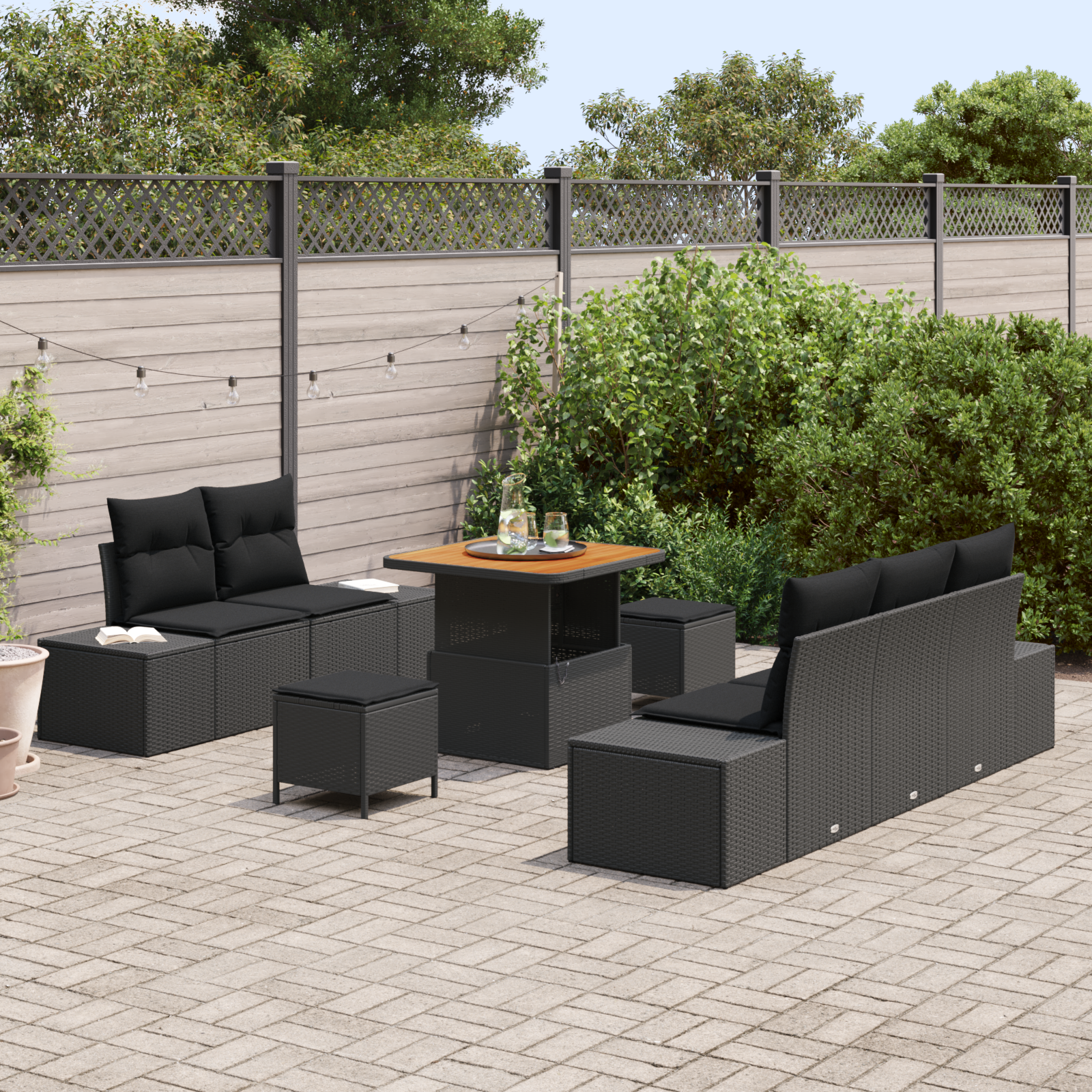 8 dalių sodo sofa komplektas su pagalvėmis Juodas poli ratanas akacija