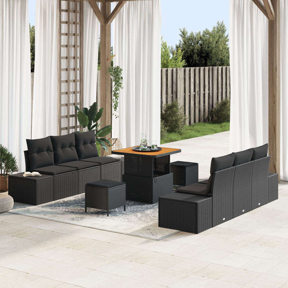9 dalių sodo sofa komplektas su pagalvėlėmis juodas poli ratanas akacija