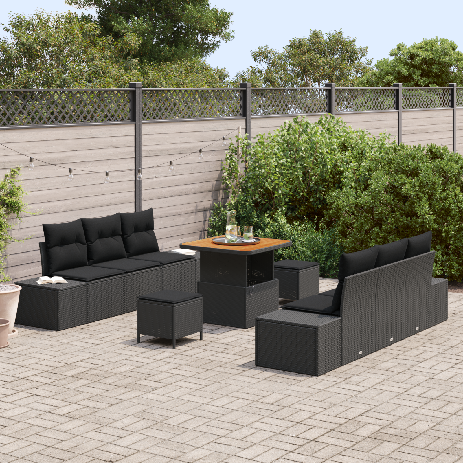 9 dalių sodo sofa komplektas su pagalvėlėmis juodas poli ratanas akacija