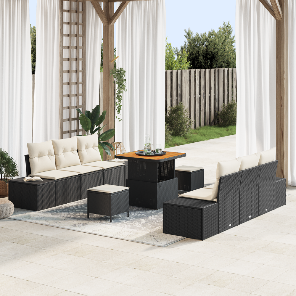 9 Dalių Sodo Sofa Komplektas su Pagalvėmis Juoda Poli Ratanas Akacija