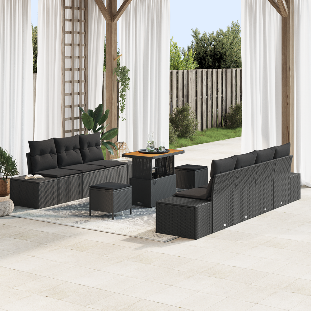 10 dalių sodo sofa rinkinys su pagalvėlėmis Juoda Poliratanas Akacija