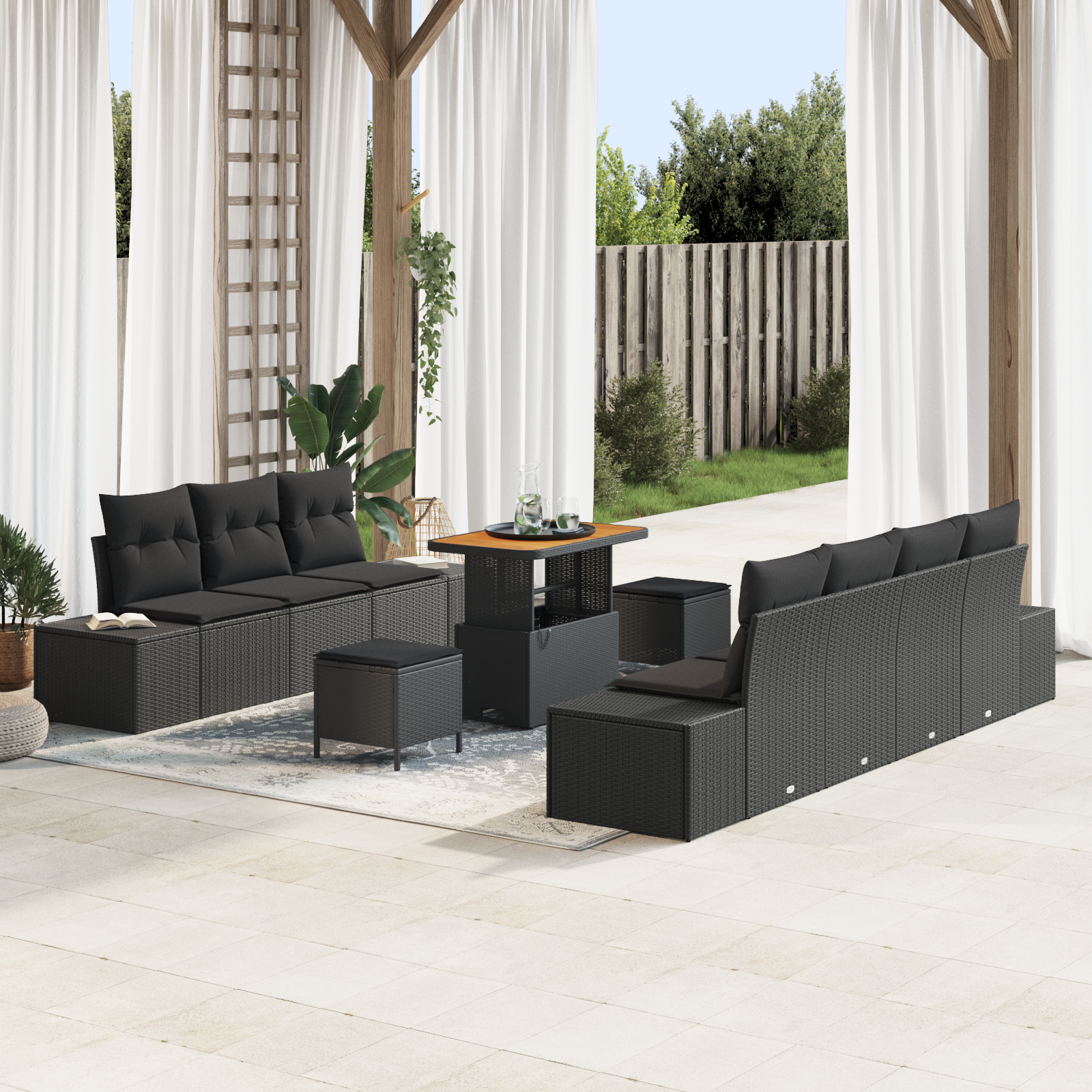 10 dalių sodo sofa rinkinys su pagalvėlėmis Juoda Poliratanas Akacija