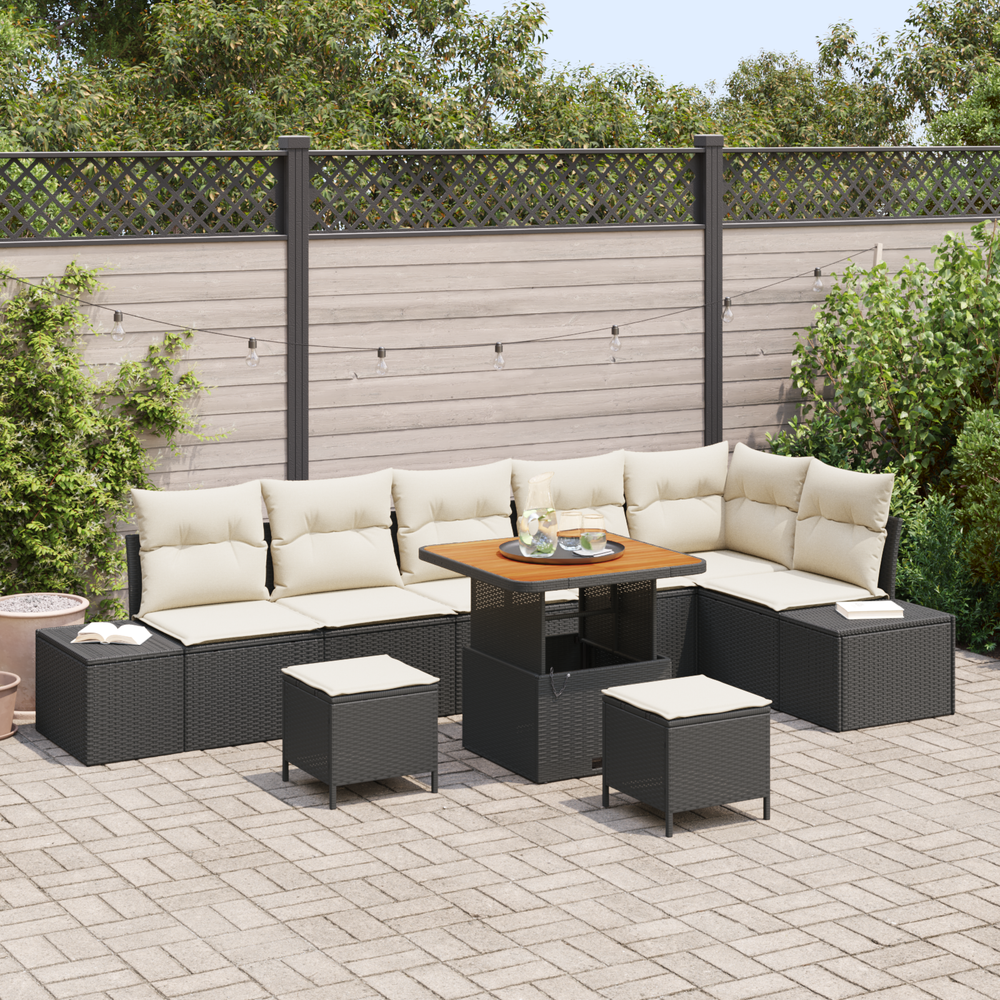 9 dalių sodo sofa komplektas su pagalvėlėmis Juodas Poli ratanas Akacija