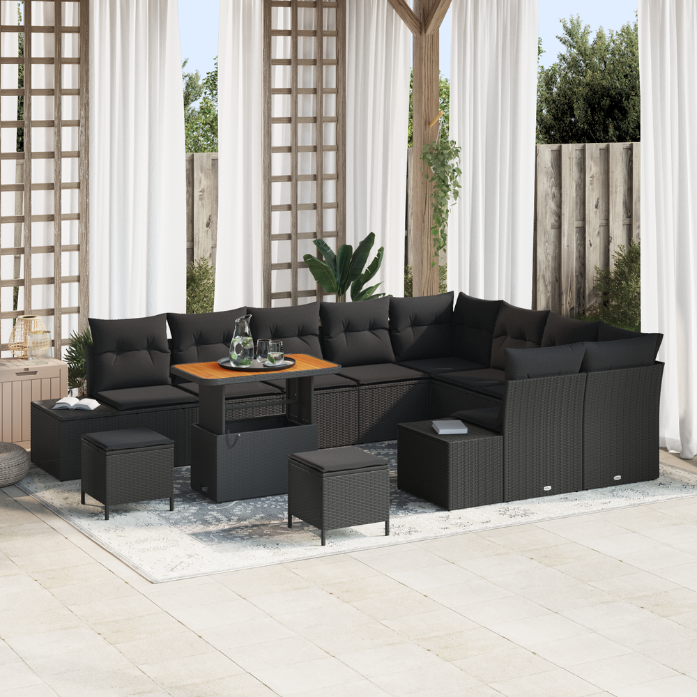 12 dalių sodo sofa su pagalvėlėmis Juoda Poli rattanas Akacija