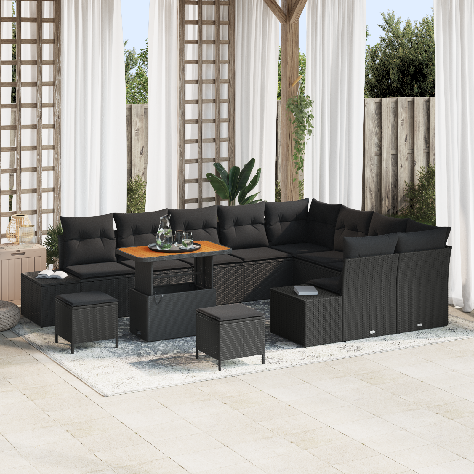 12 dalių sodo sofa su pagalvėlėmis Juoda Poli rattanas Akacija