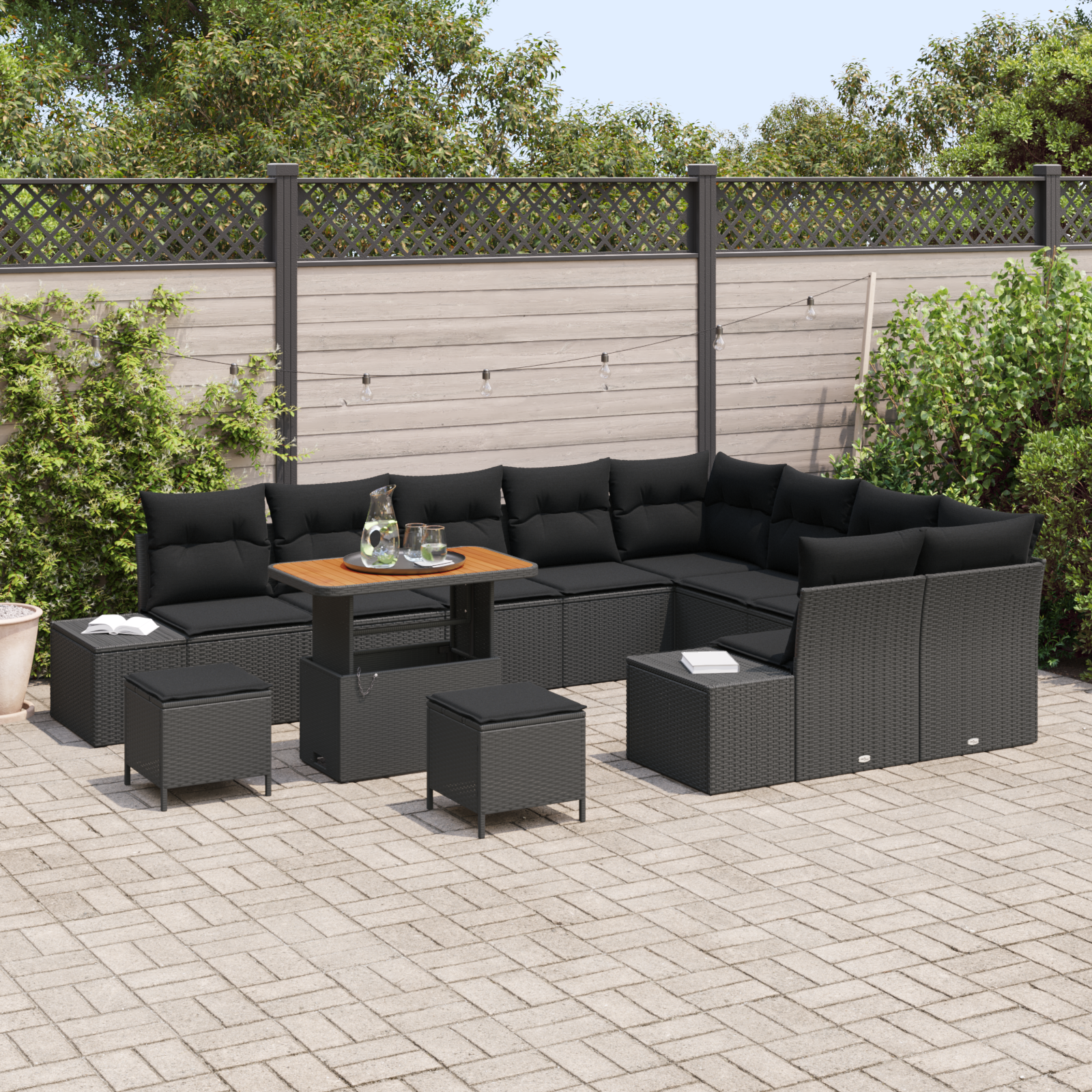 12 dalių sodo sofa su pagalvėlėmis Juoda Poli rattanas Akacija