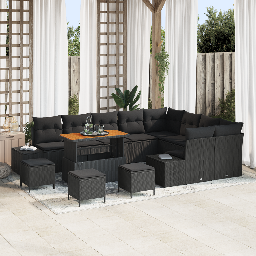 13 dalių sodo sofa komplektas su pagalvėmis Juodas poli ratanas akacijos