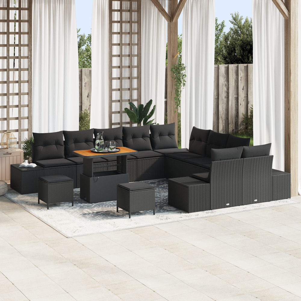 13 dalių Sodo Sofa Rinkinys su Pagalvėlėmis Juodas Poli Ratanas Akacija