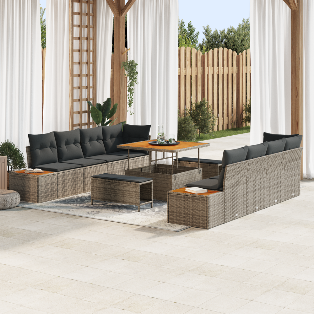 11-Piece Garden Sofa Set with Cushions Grey Poly Rattan Acacia