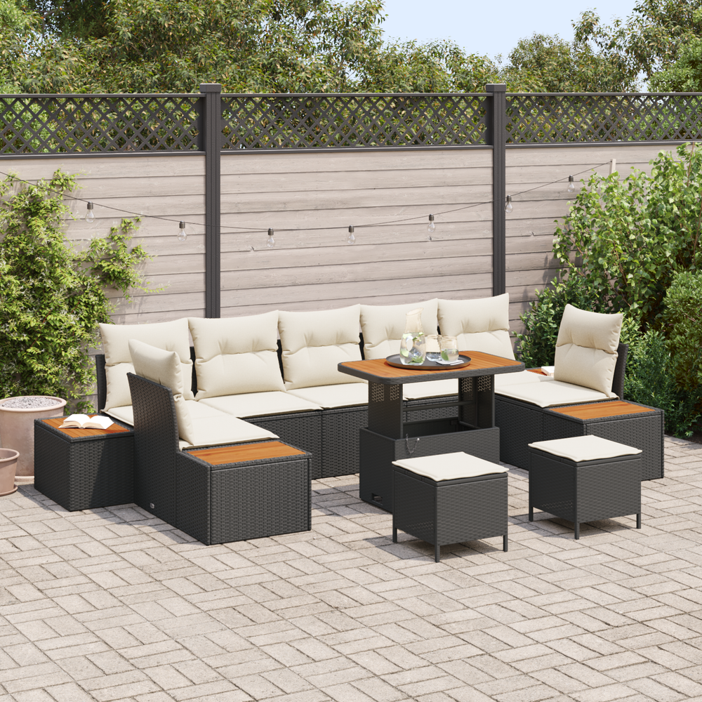 10 Piece Garden Sofa Set with Cushions Black Poly Rattan Acacia