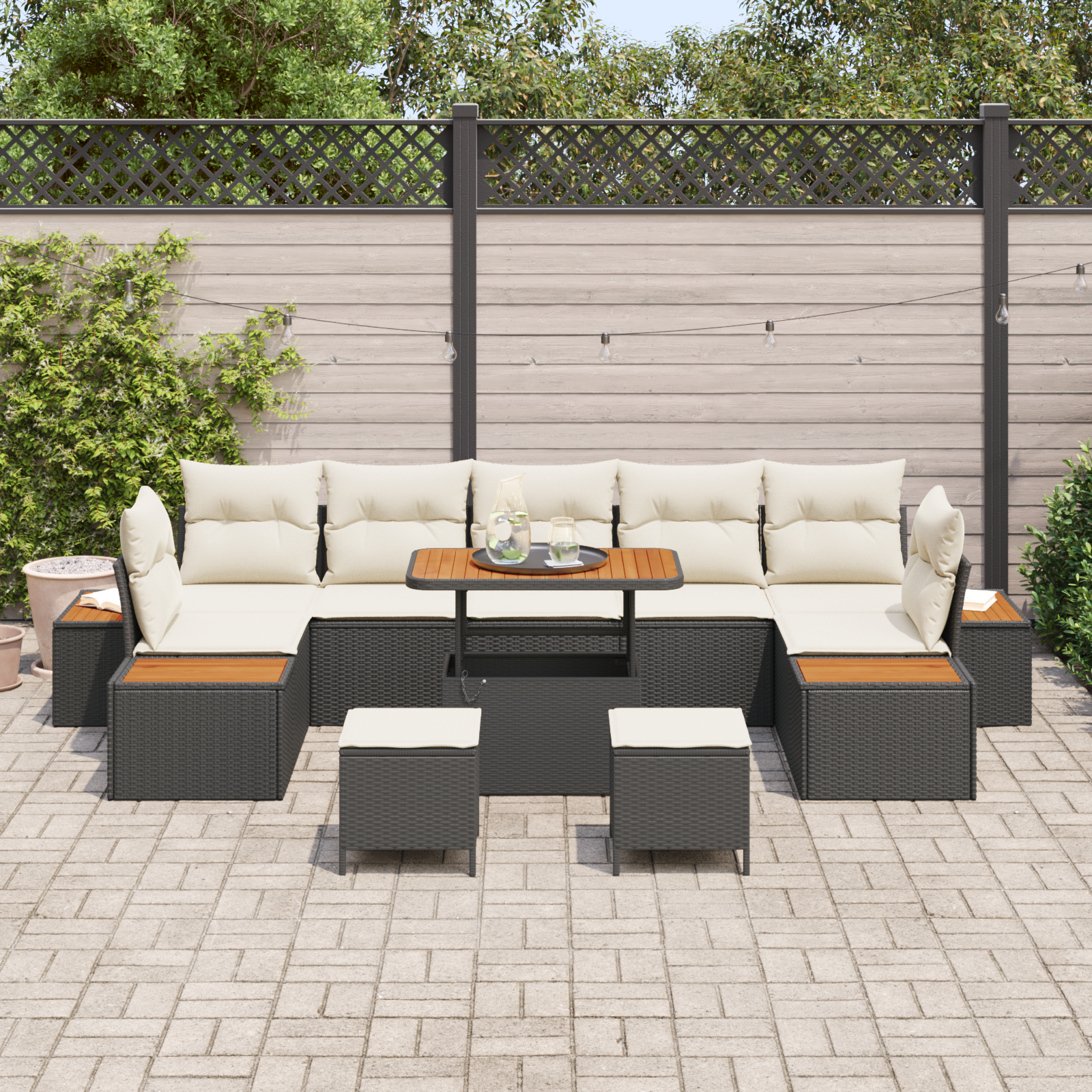 10 dalių sodo sofa komplektas su pagalvėmis juodas poli ratanas akacija