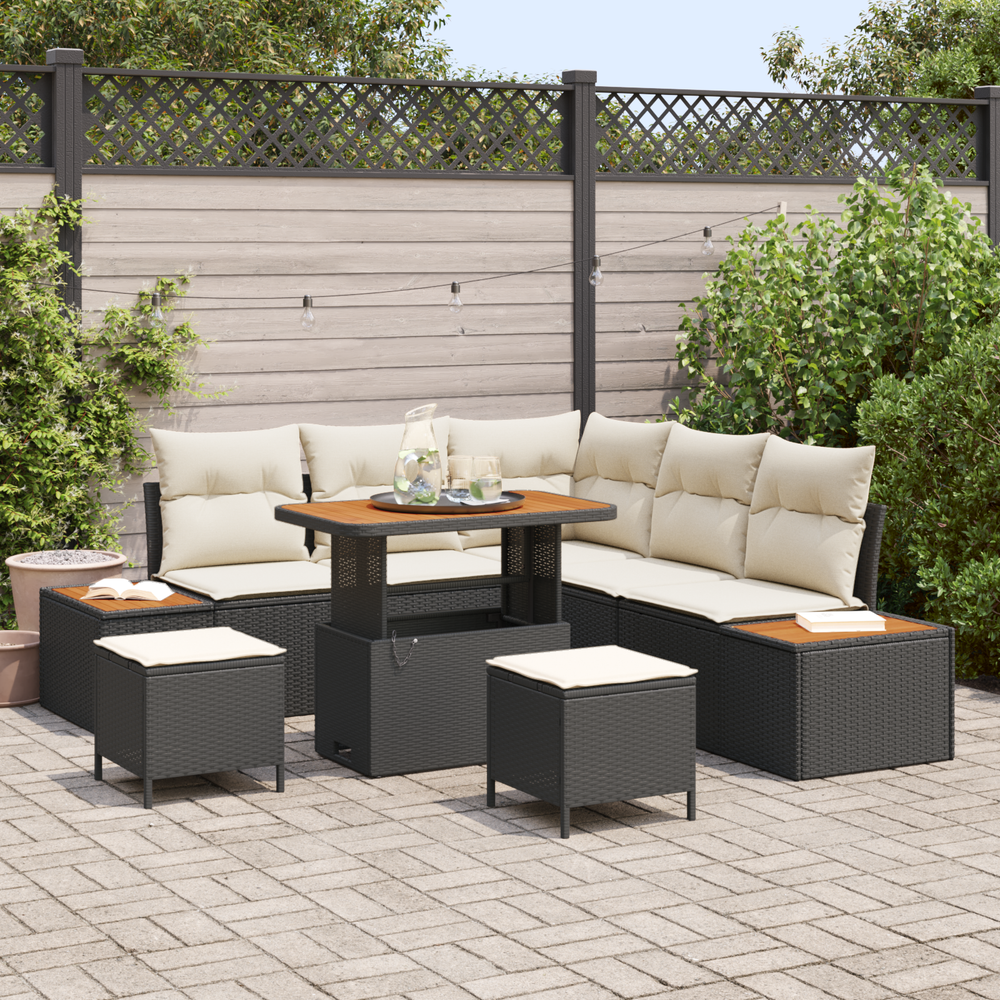 8 Piece Garden Sofa Set with Cushions Black Poly Rattan Acacia