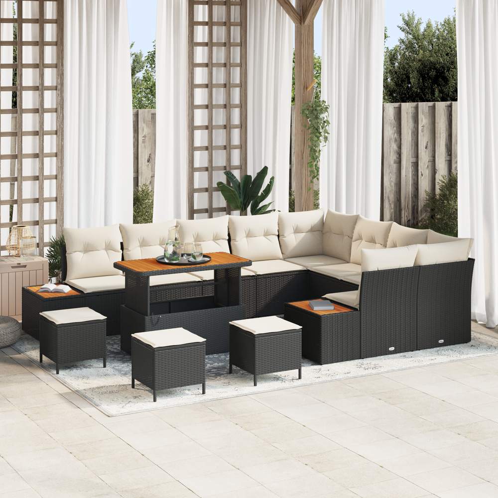 13-piece garden sofa set with cushions black poly rattan acacia