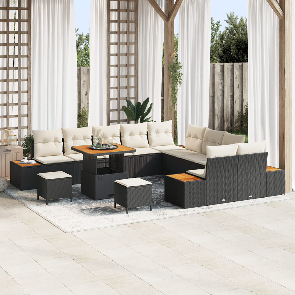 13-piece Garden Sofa Set with Cushions Black Poly Rattan Acacia