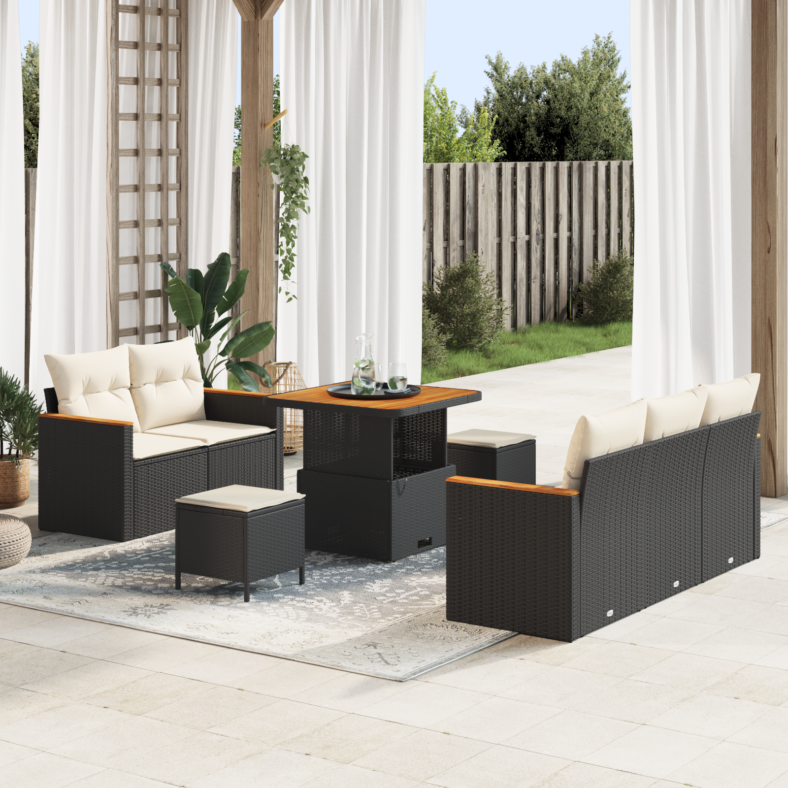 8 dalių sodo sofa su pagalvėmis Juoda Poli Rattan Akacija