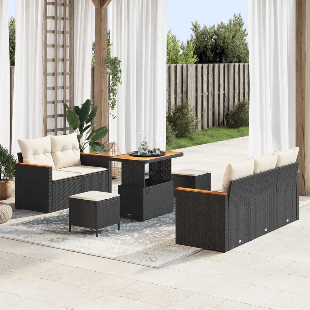 8-Piece Garden Sofa Set with Cushions Black Poly Rattan Acacia