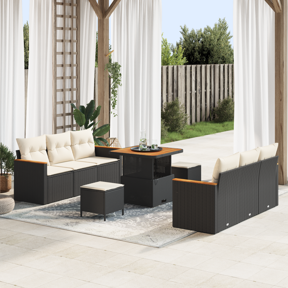 9-Piece Garden Sofa Set with Cushions Black Poly Rattan Acacia