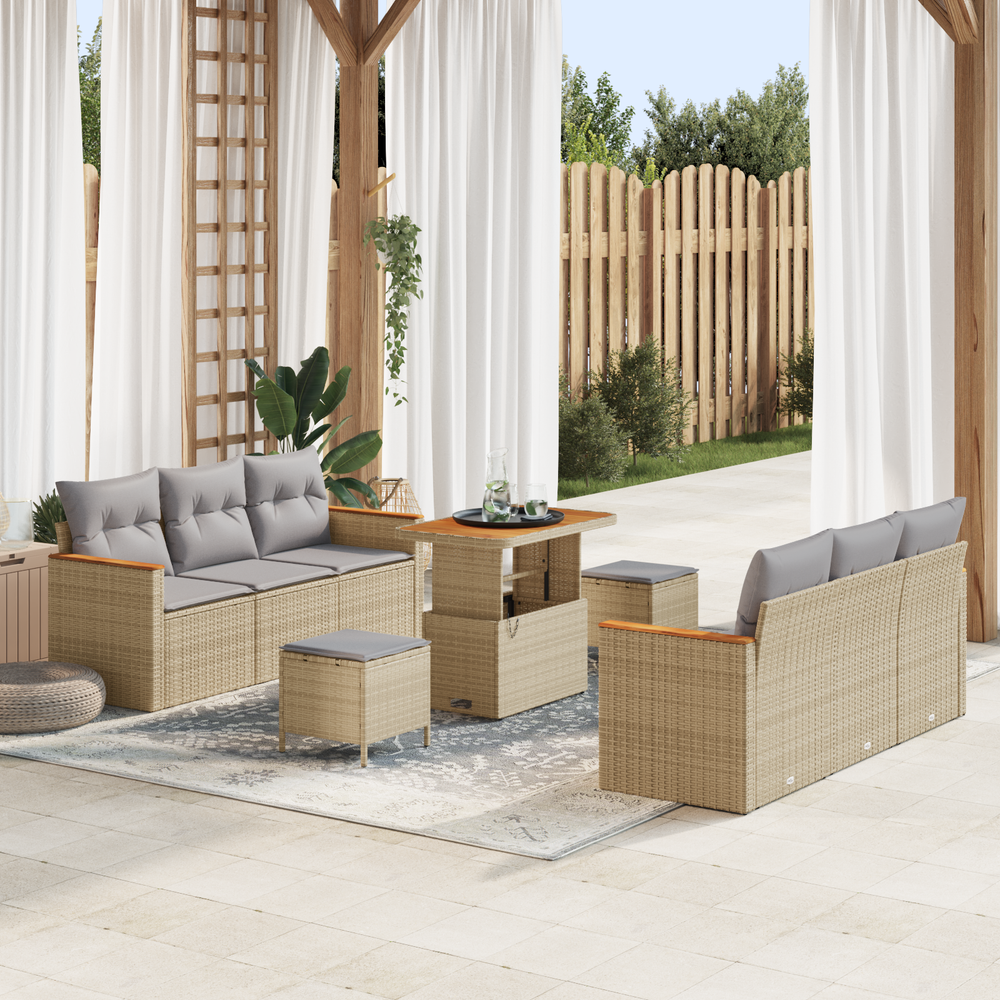 9-Piece Garden Sofa Set with Cushions Sand Poly Rattan Acacia