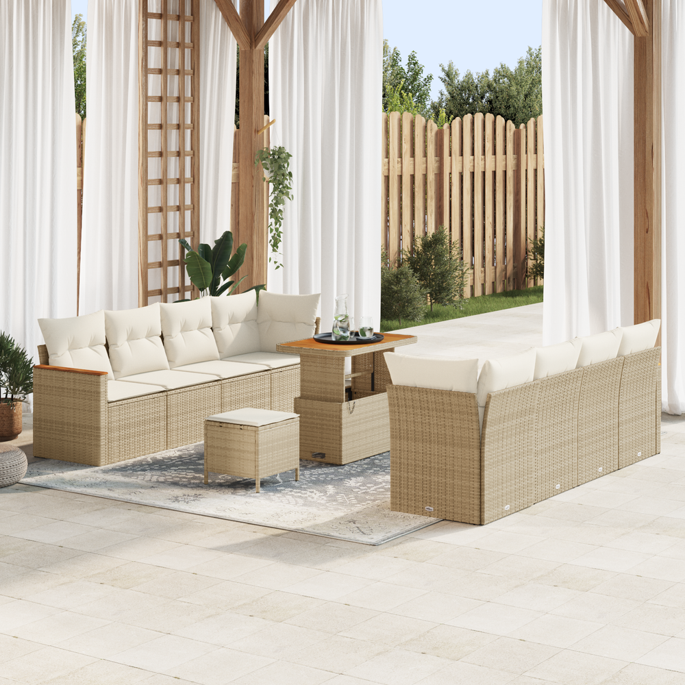 11-piece garden sofa set with cushions, cream poly rattan acacia