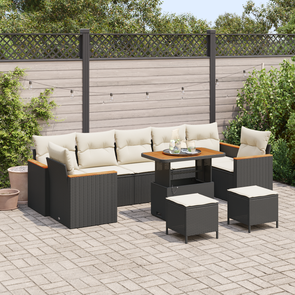 10-Piece Garden Sofa Set with Cushions Black Poly Rattan Acacia