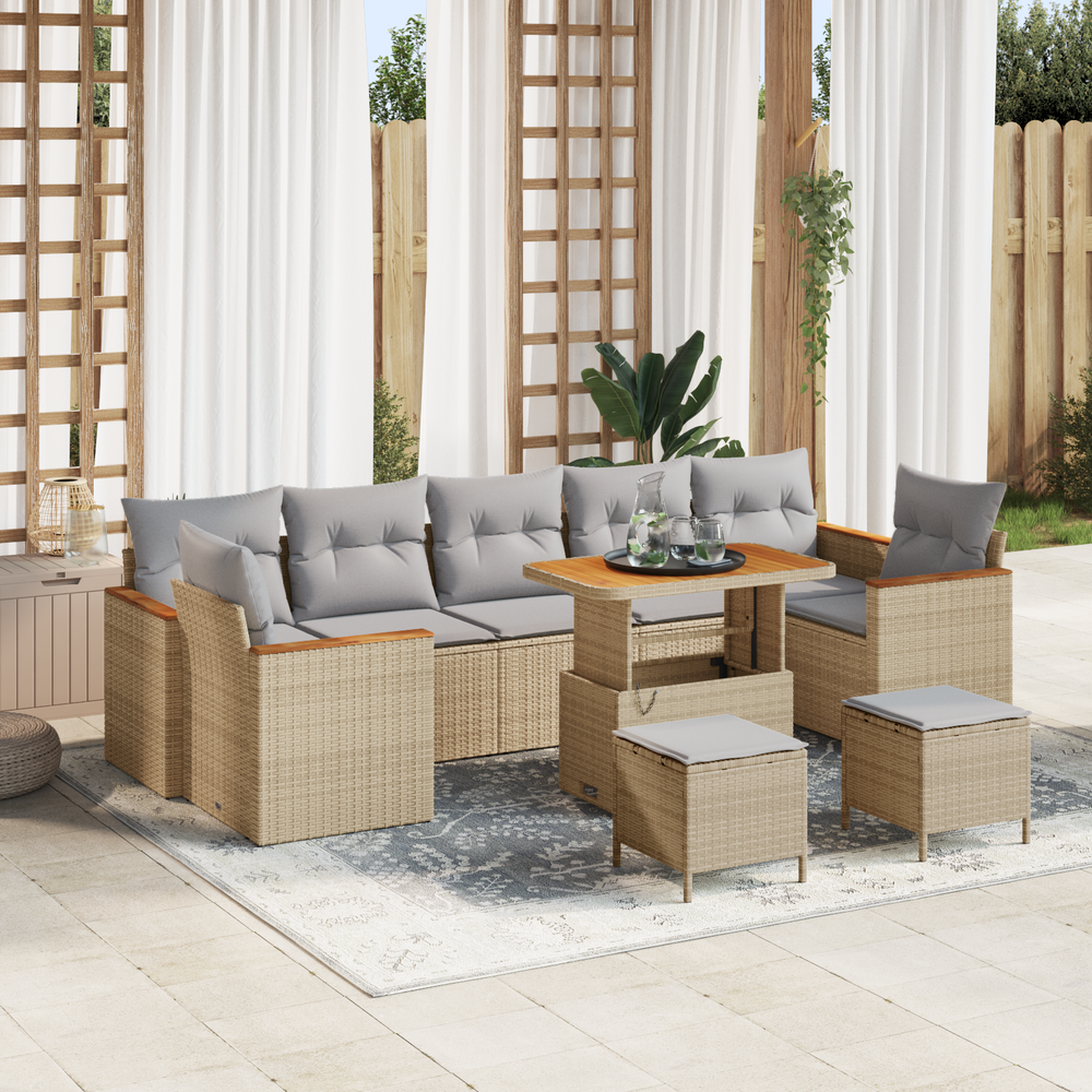 10-Piece Garden Sofa Set with Cushions Beige Poly Rattan Acacia